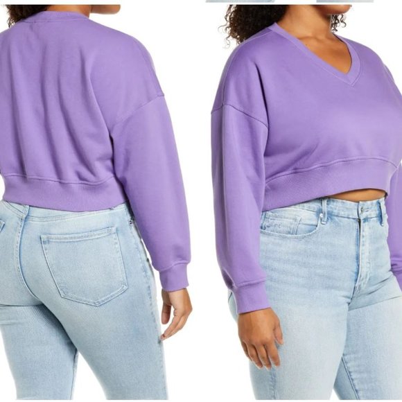 BP. V-Neck Crop Organic Cotton Blend Sweatshirt, Purple Dahlia - Picture 2 of 3